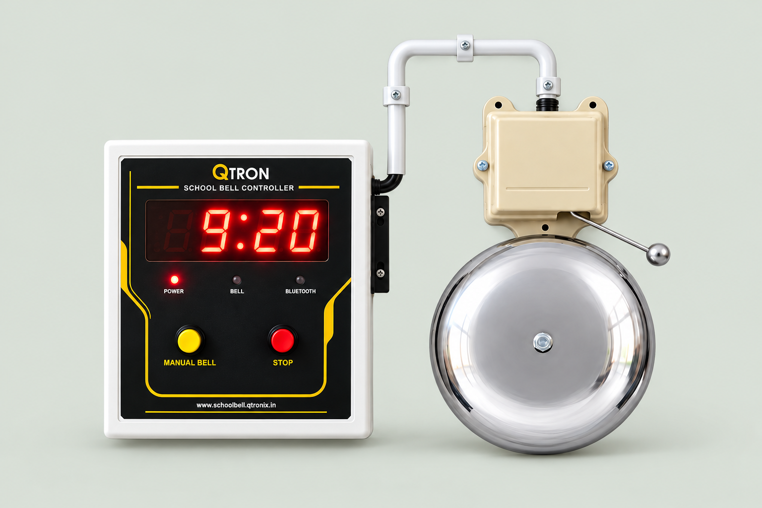 QTRON School Bell controller and electric bell, product illustration
